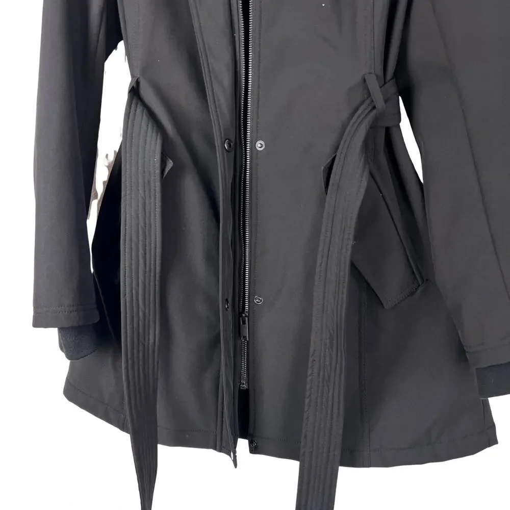 DKNY Black Hooded Belted Coat Women’s Medium Softshell Trench Jacket - Picture 7 of 8